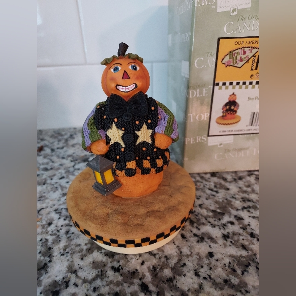 Halloween Boy Pumpkinhead With Lantern Our America Jar Topper by Heather Hykes